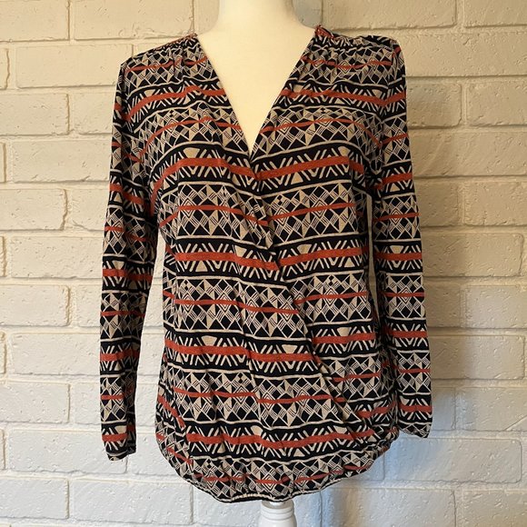 Lucky Brand Multi Colored Aztec print wrap top with 3/4 ruched sleeves - Picture 1 of 6